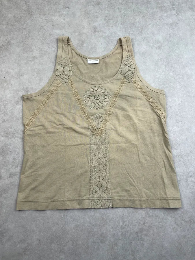 2000s Dries Van Noten Khaki Cotton Lace Embroidered Tank Top XZOhmDC 2