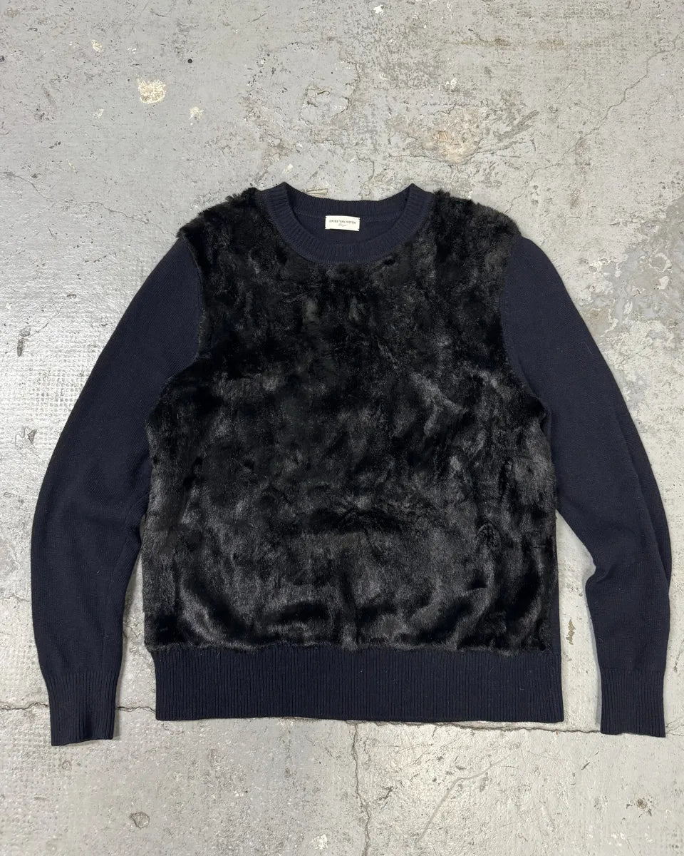 Dries Van Noten Navy Wool & Black Fur Front Sweater TqKjmhS 0