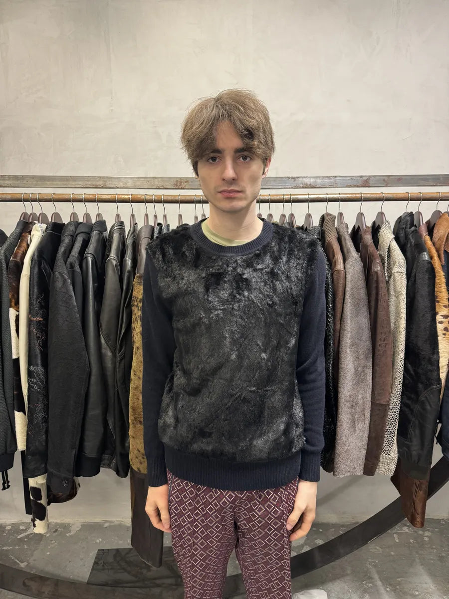 Dries Van Noten Navy Wool & Black Fur Front Sweater TqKjmhS 1