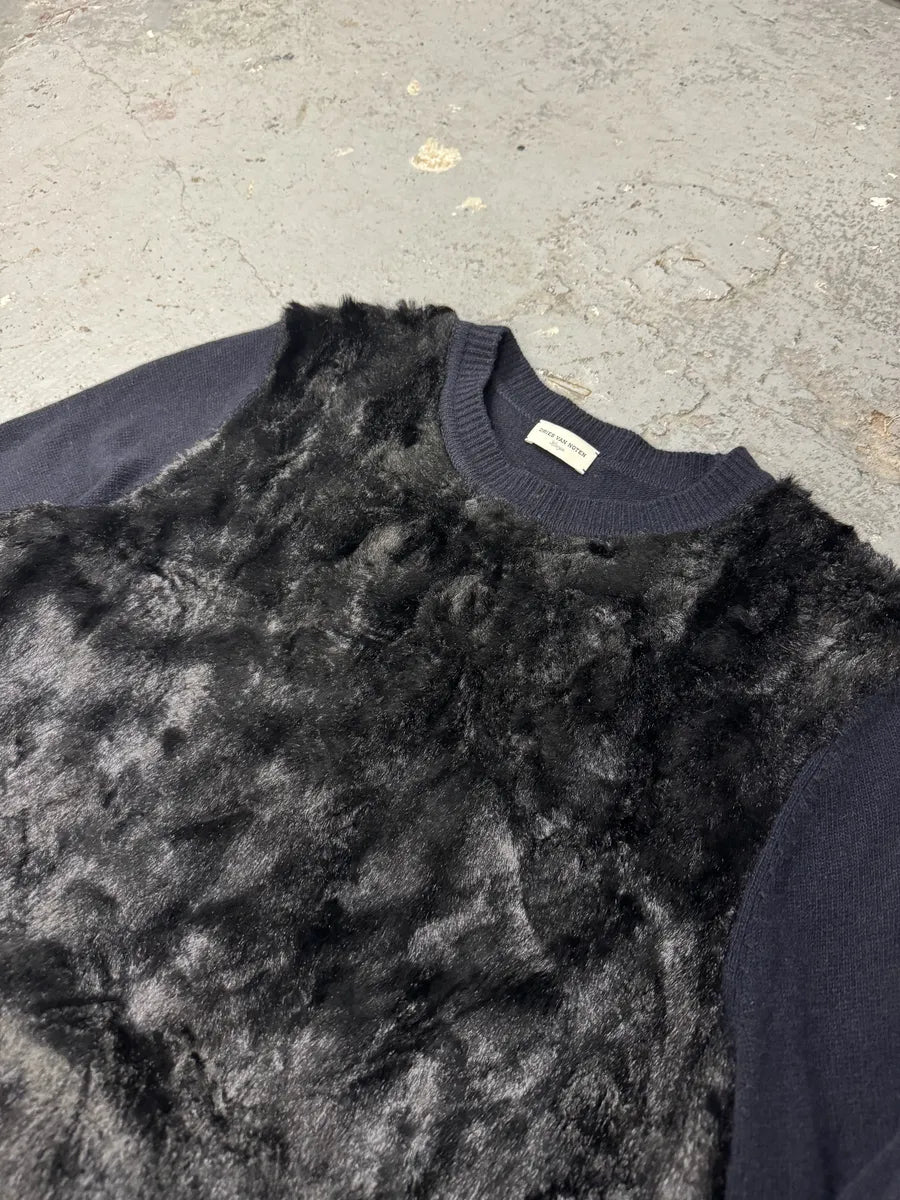Dries Van Noten Navy Wool & Black Fur Front Sweater TqKjmhS 5