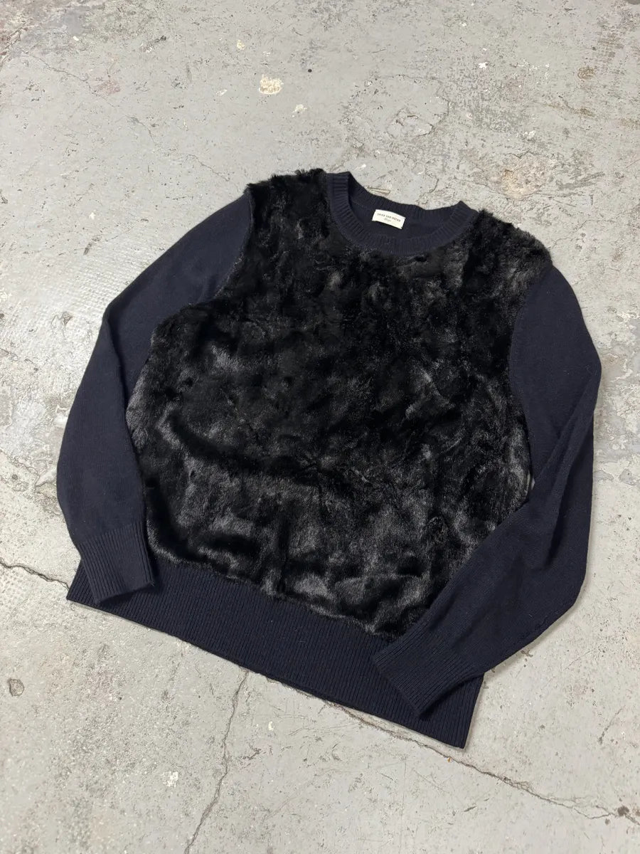 Dries Van Noten Navy Wool & Black Fur Front Sweater TqKjmhS 6