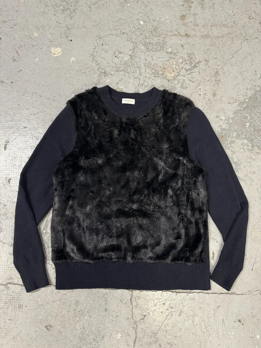 Dries Van Noten Navy Wool & Black Fur Front Sweater TqKjmhS 8