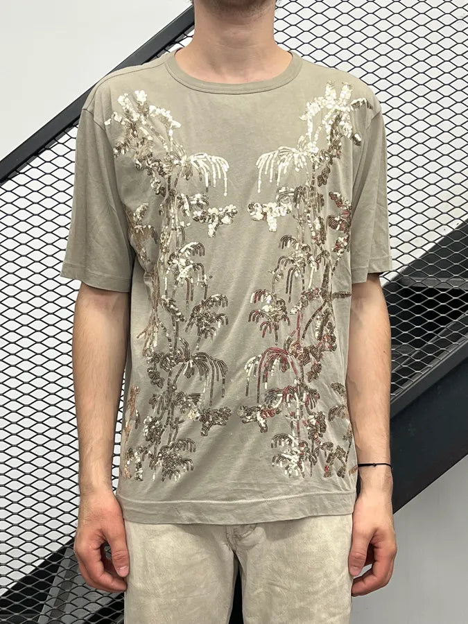 SS2016 Dries Van Noten Taupe Sequin Embellished Palms T-Shirt SgKTMyC 0