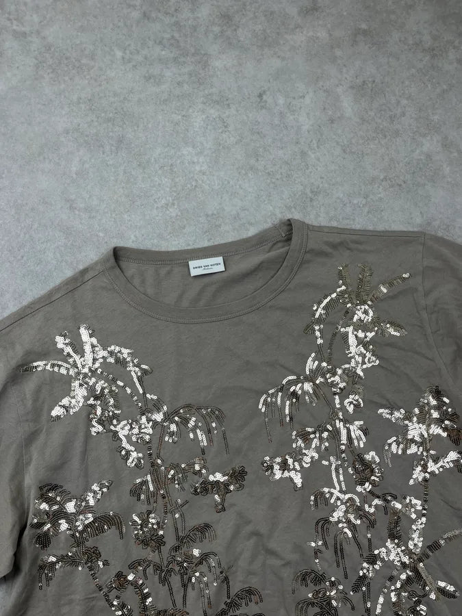 SS2016 Dries Van Noten Taupe Sequin Embellished Palms T-Shirt SgKTMyC 5