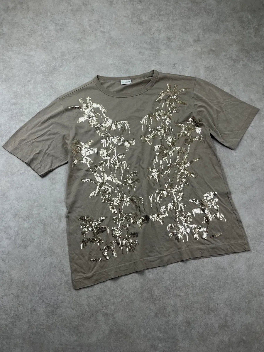 SS2016 Dries Van Noten Taupe Sequin Embellished Palms T-Shirt SgKTMyC 4