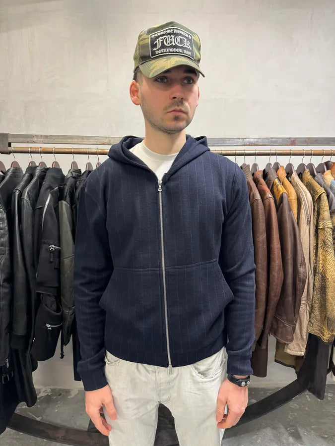 Dries Van Noten Wool Pinstriped Navy Zip-up Sweatshirt (L) ifCswOt 1