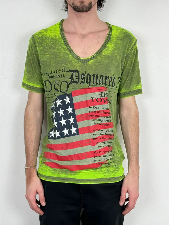 Dsquared2 Acid Green USA Flag T-Shirt bOwcCZp 1