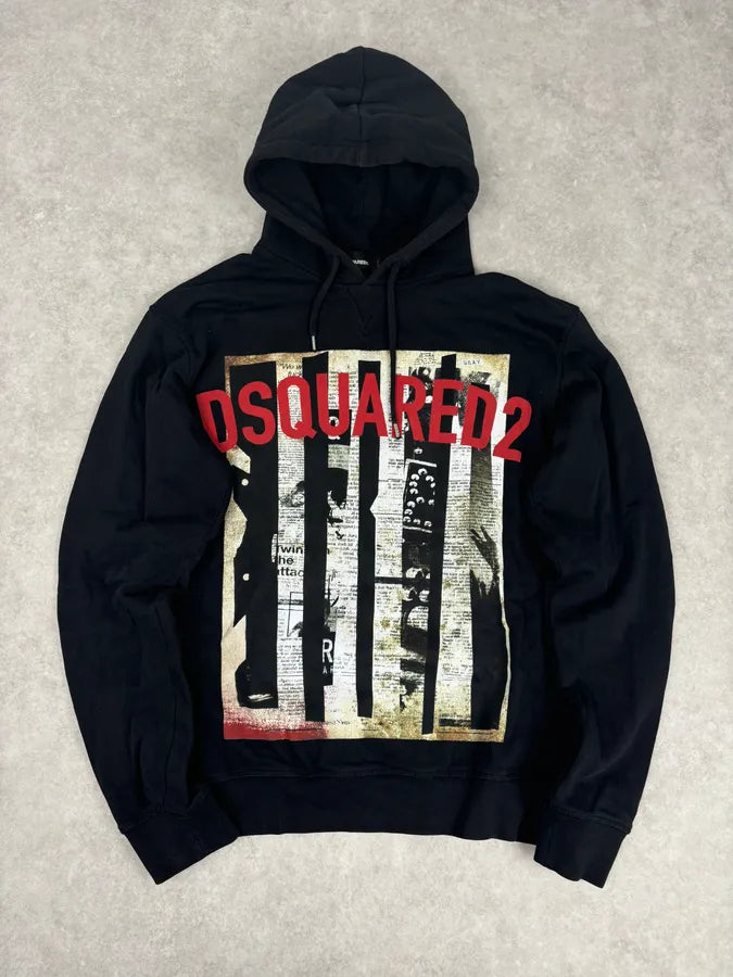 SS2017 Dsquared2 Black Newspapers Logo Hoodie BSQktYT 0