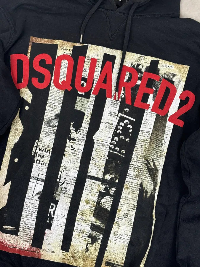 SS2017 Dsquared2 Black Newspapers Logo Hoodie BSQktYT 6