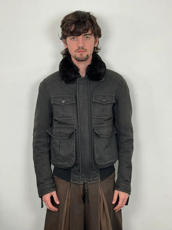 AW2009 Dsquared2 Black Fur Collar Denim Bomber Jacket  EwFnxZT 1