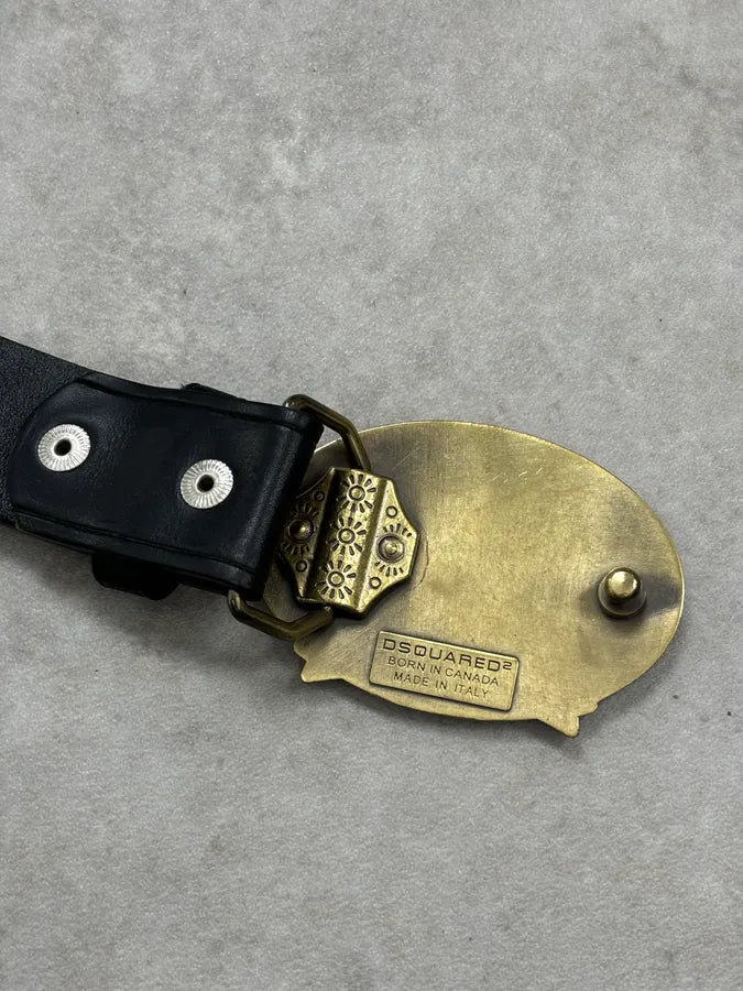 2000s Dsquared2 Silouhette Bordeaux Buckle Black Leather Belt  vZMcUQK 7