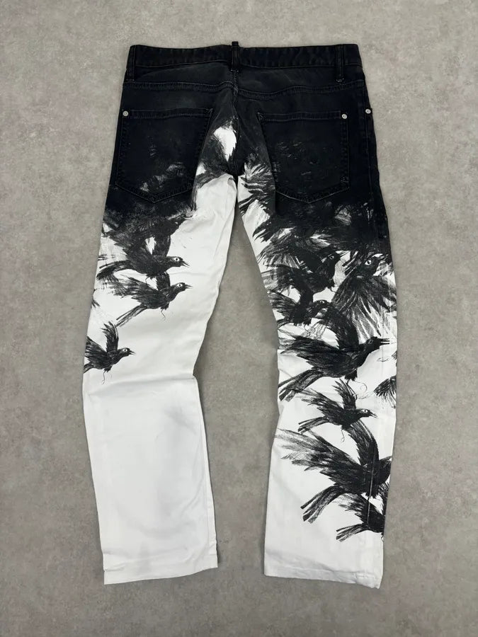 AW2015 Dsquared2 Black White Denim Floral Print Straight Jeans iuIOOMB 5