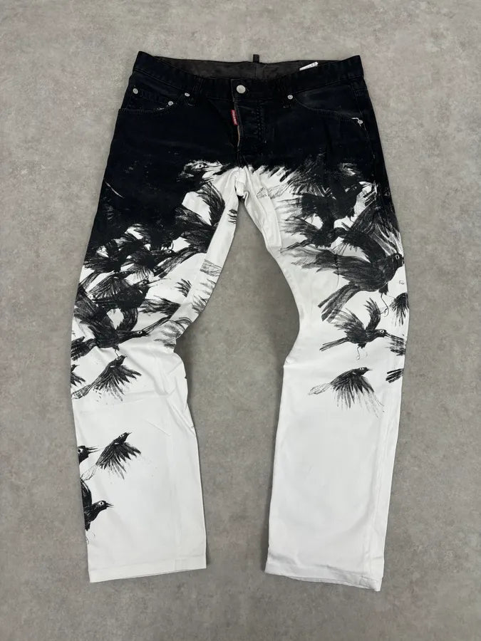 AW2015 Dsquared2 Black White Denim Floral Print Straight Jeans iuIOOMB 0