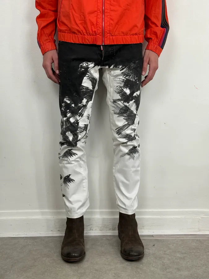 AW2015 Dsquared2 Black White Denim Floral Print Straight Jeans iuIOOMB 1