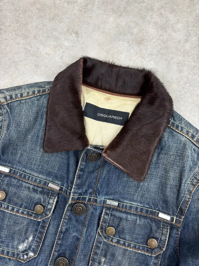 AW2005 Dsquared2 Blue Denim Pony Hair Collar Denim Jacket VJhHKkD 3