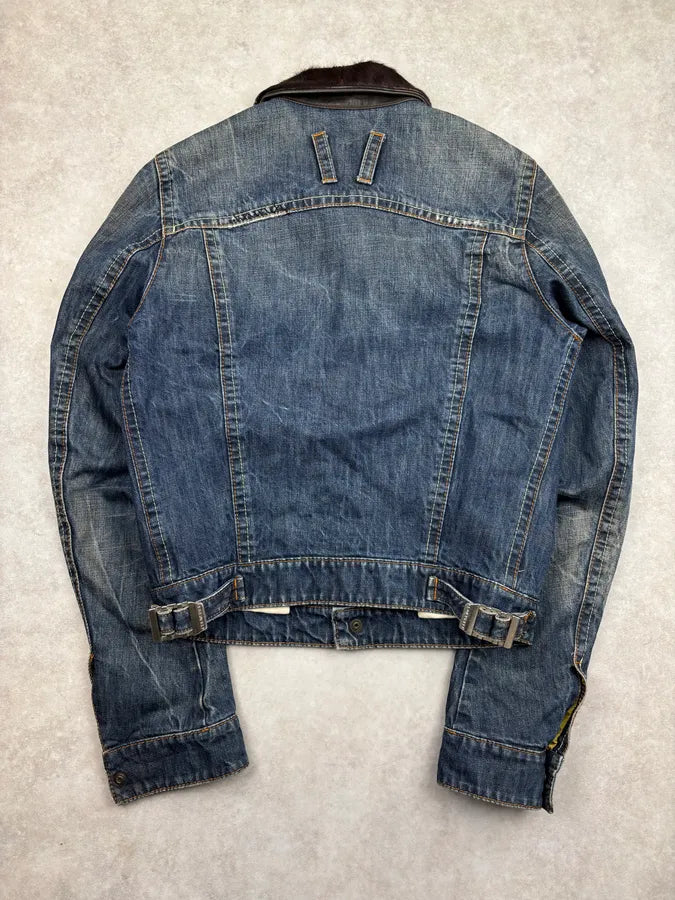 AW2005 Dsquared2 Blue Denim Pony Hair Collar Denim Jacket VJhHKkD 4