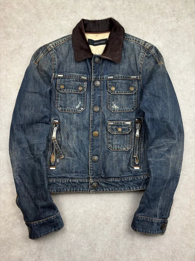 AW2005 Dsquared2 Blue Denim Pony Hair Collar Denim Jacket VJhHKkD 0