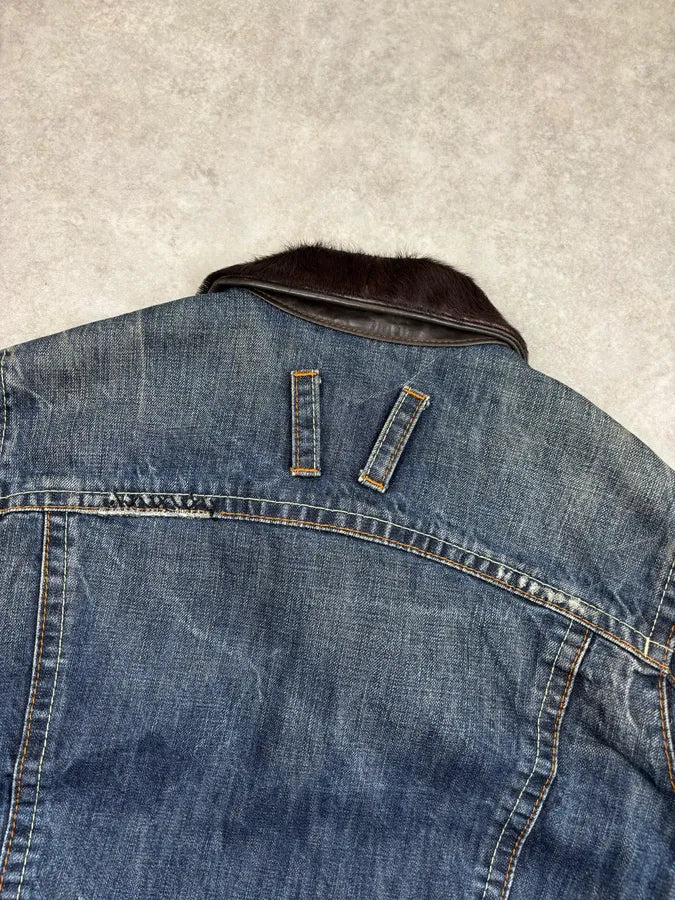 AW2005 Dsquared2 Blue Denim Pony Hair Collar Denim Jacket VJhHKkD 5