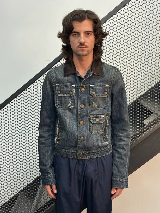 AW2005 Dsquared2 Blue Denim Pony Hair Collar Denim Jacket VJhHKkD 1