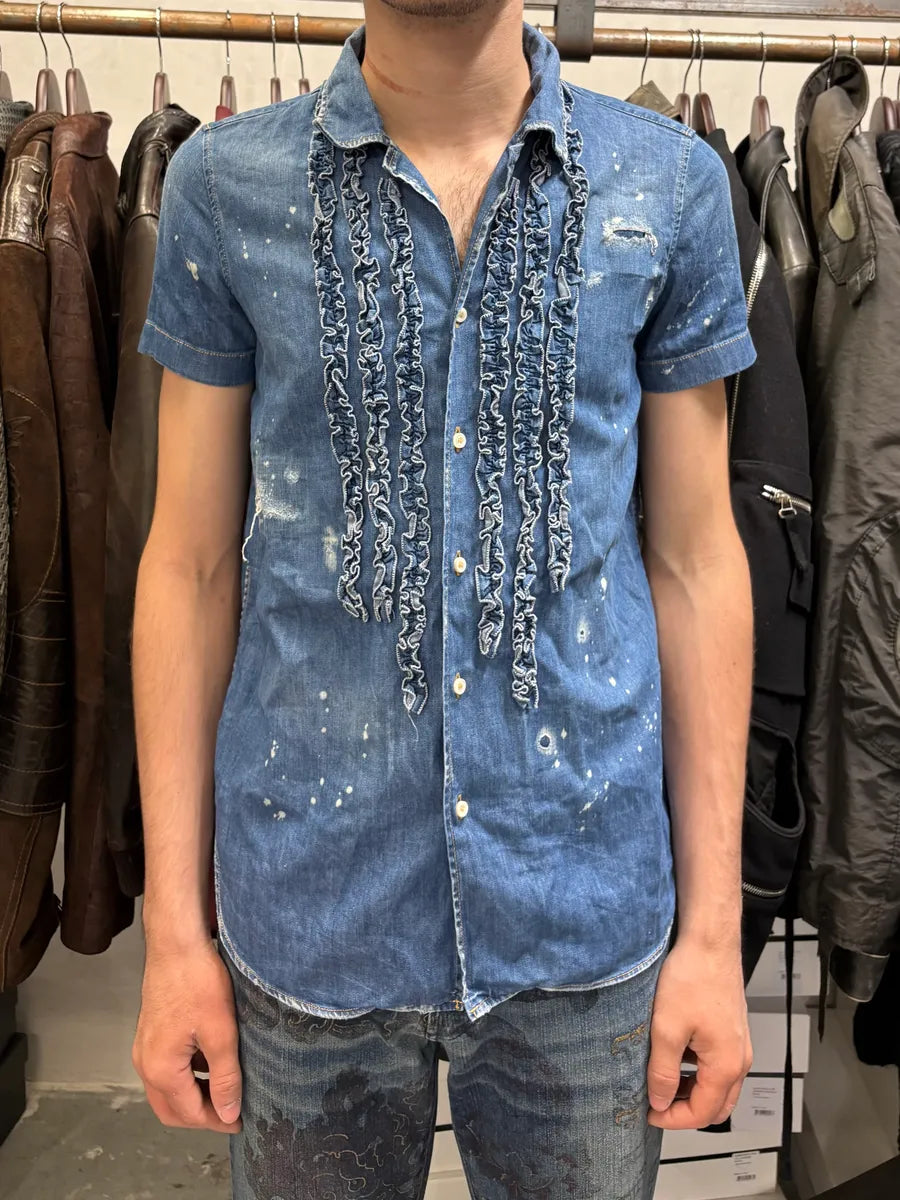 Dsquared2 Blue Pleated Stripes Distressed Denim Shirt AsfOurn 1