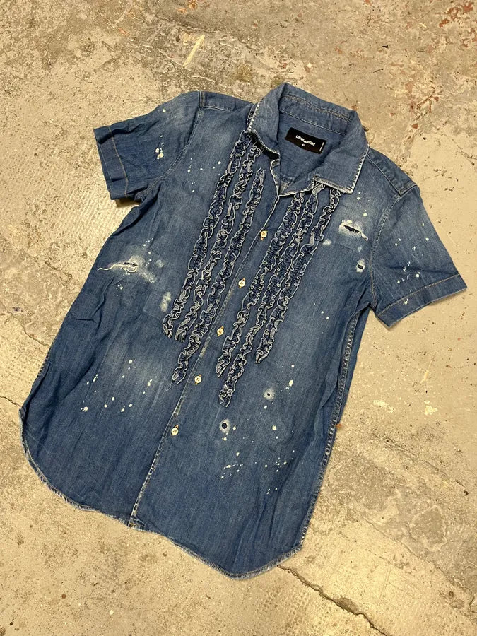 Dsquared2 Blue Pleated Stripes Distressed Denim Shirt AsfOurn 3