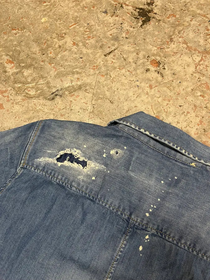 Dsquared2 Blue Pleated Stripes Distressed Denim Shirt AsfOurn 6