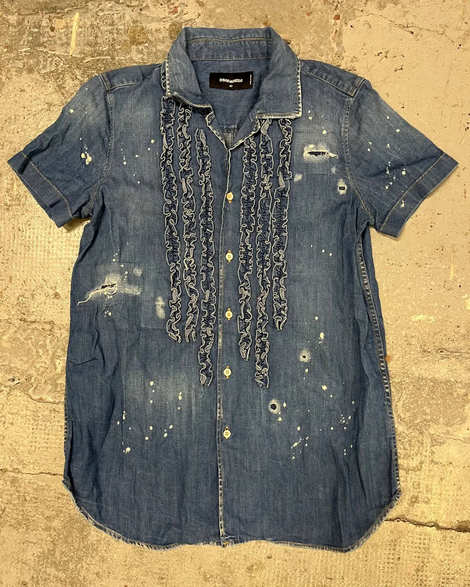 Dsquared2 Blue Pleated Stripes Distressed Denim Shirt AsfOurn 0