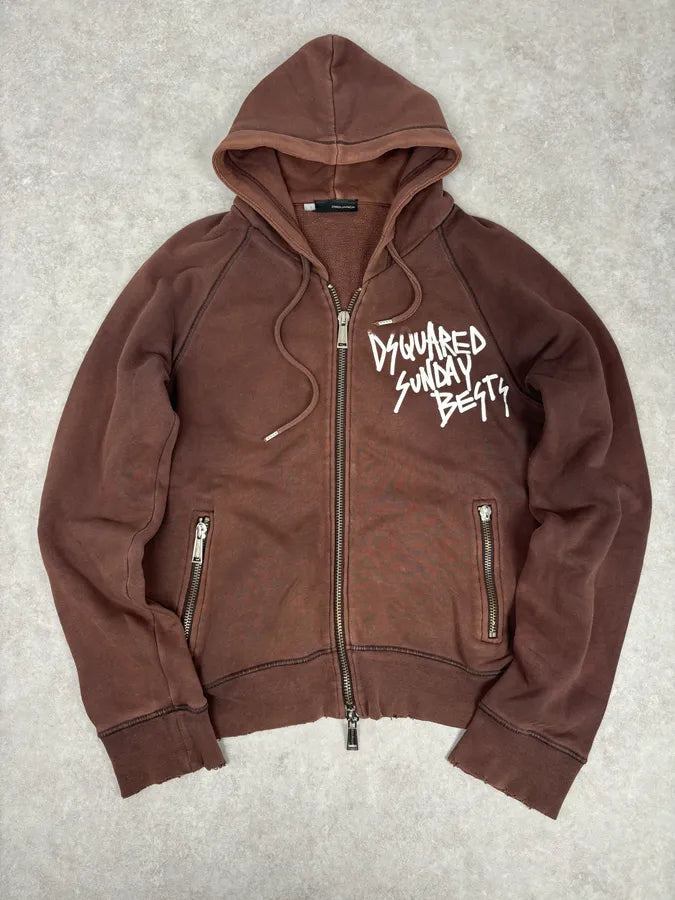 2000s Dsquared2 Brown Cotton Graffiti Logo Zip Hoodie qDUWFjX 0