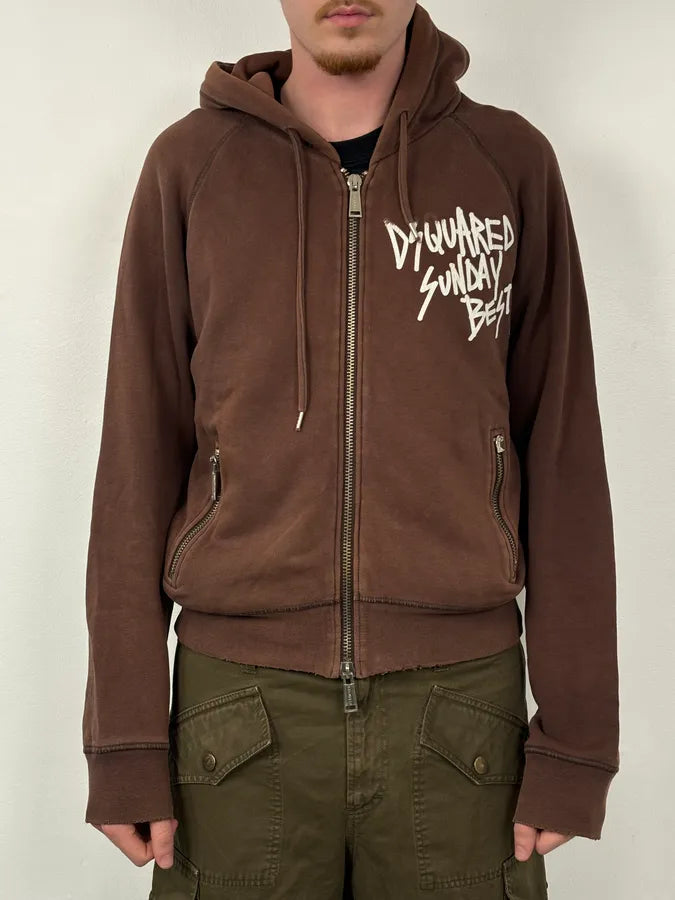 2000s Dsquared2 Brown Cotton Graffiti Logo Zip Hoodie qDUWFjX 1