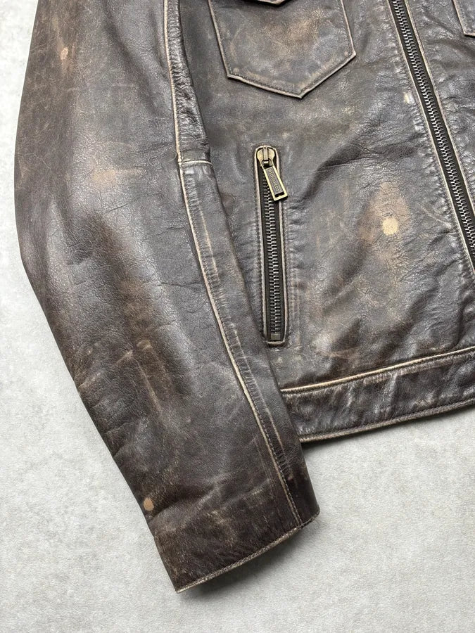 AW2019 Dsquared2 Brown Eroded Leather Jacket eHOCvUn 7