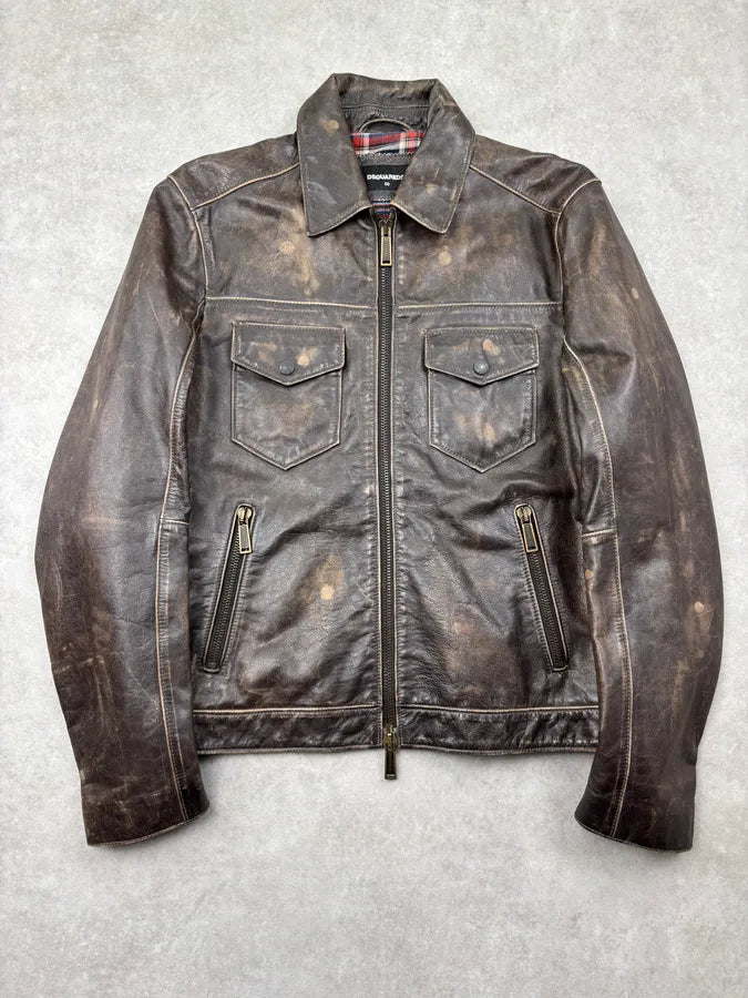 AW2019 Dsquared2 Brown Eroded Leather Jacket eHOCvUn 0