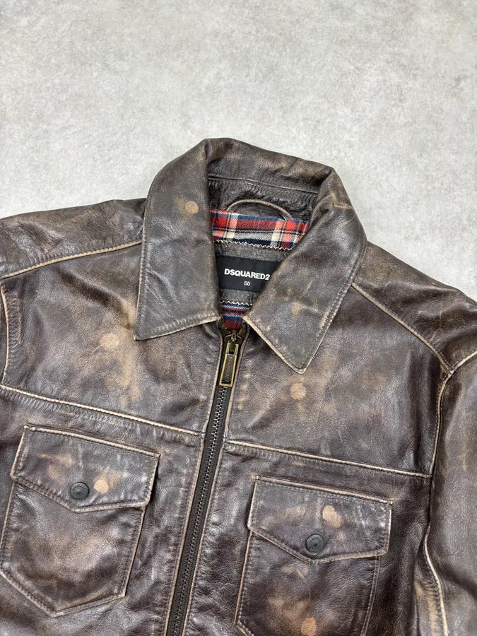 AW2019 Dsquared2 Brown Eroded Leather Jacket eHOCvUn 3