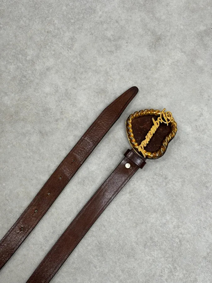 2000s Dsquared2 Gold Logo Heart Buckle Brown Leather Belt aFMAuTH 4