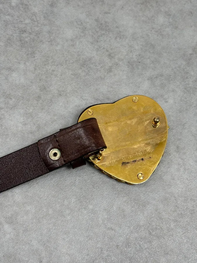 2000s Dsquared2 Gold Logo Heart Buckle Brown Leather Belt aFMAuTH 8