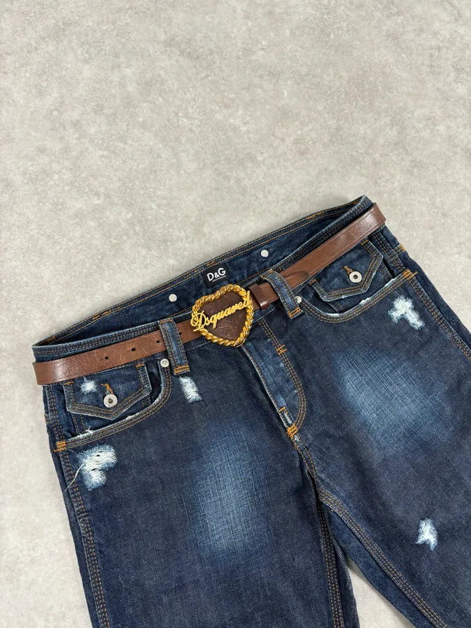 2000s Dsquared2 Gold Logo Heart Buckle Brown Leather Belt aFMAuTH 0