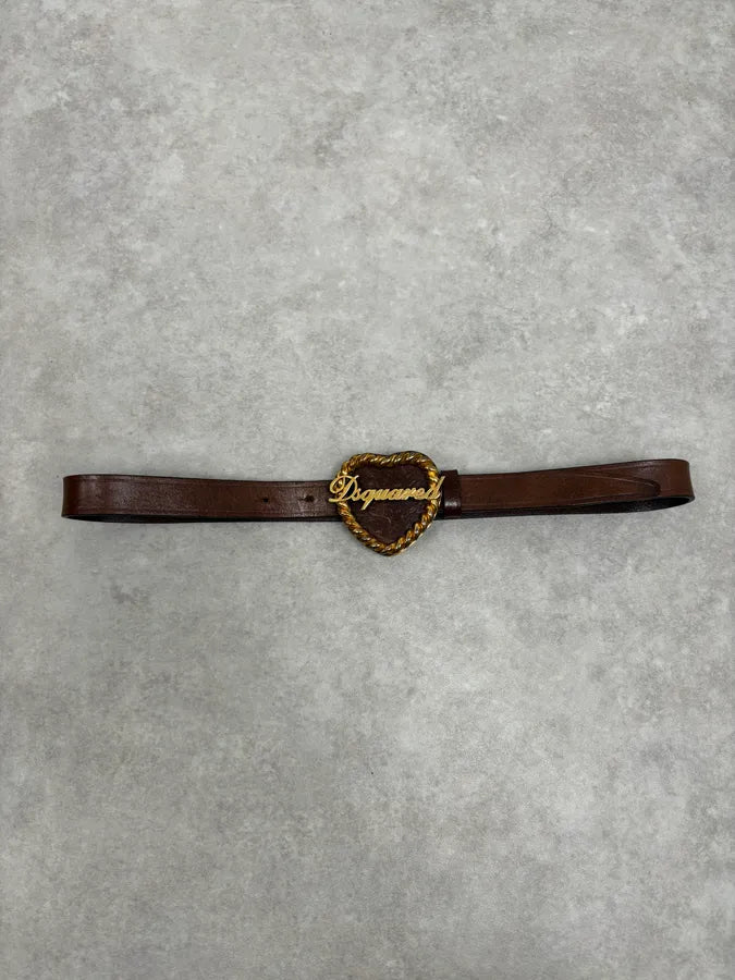 2000s Dsquared2 Gold Logo Heart Buckle Brown Leather Belt aFMAuTH 2
