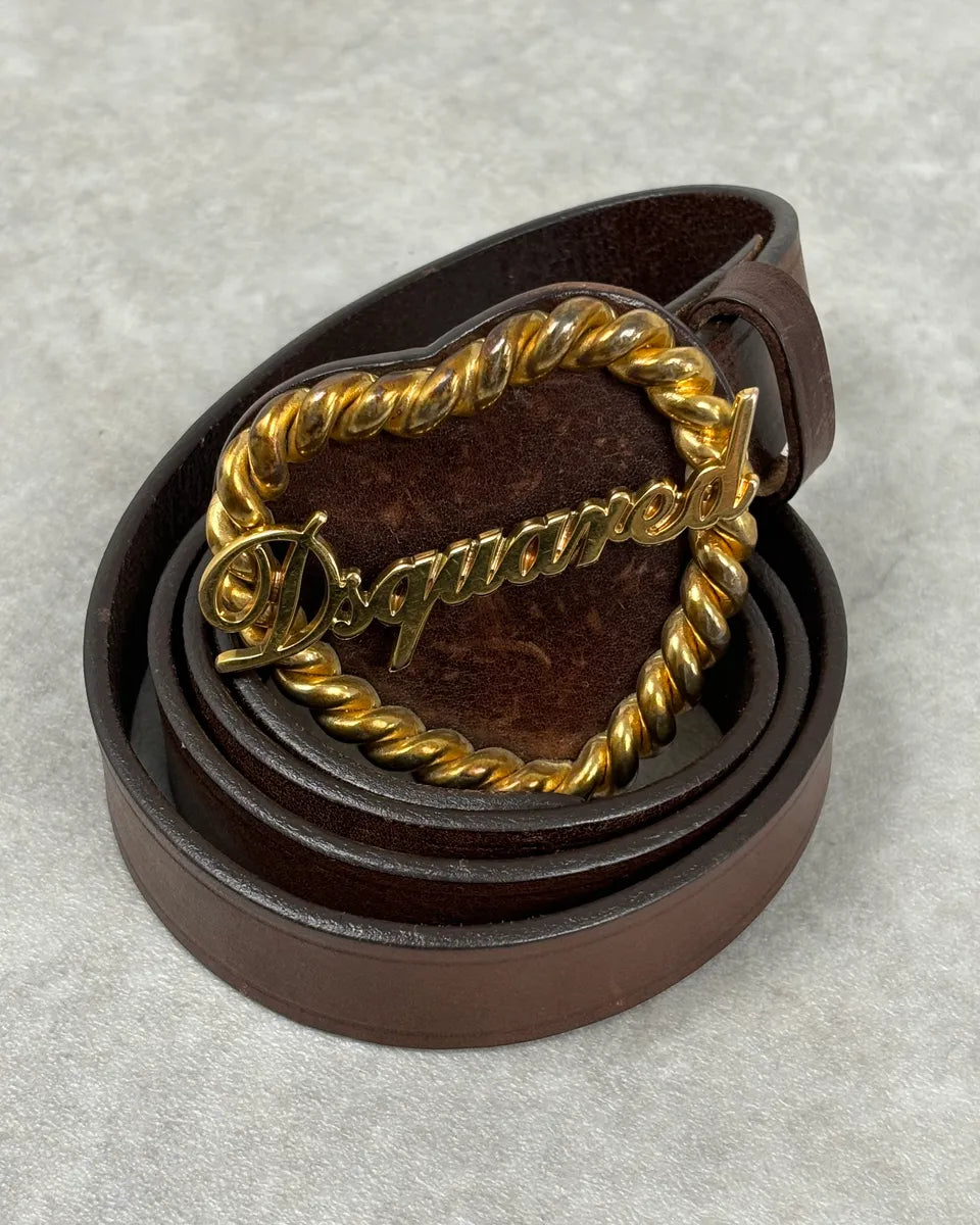 2000s Dsquared2 Gold Logo Heart Buckle Brown Leather Belt aFMAuTH 6