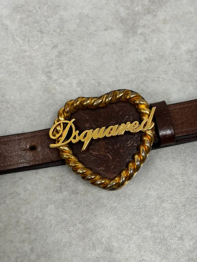 2000s Dsquared2 Gold Logo Heart Buckle Brown Leather Belt aFMAuTH 3