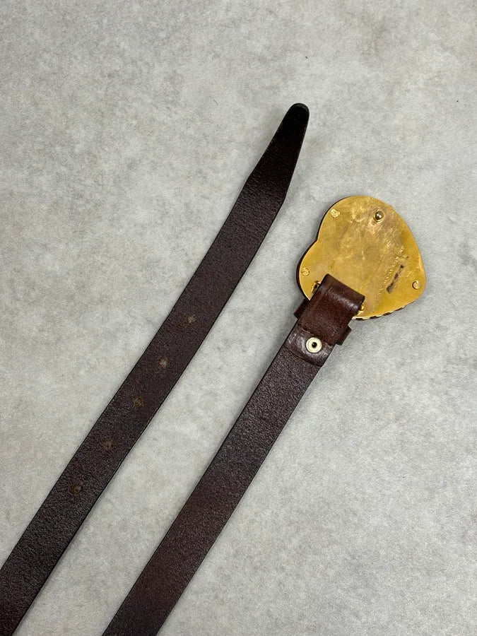 2000s Dsquared2 Gold Logo Heart Buckle Brown Leather Belt aFMAuTH 5