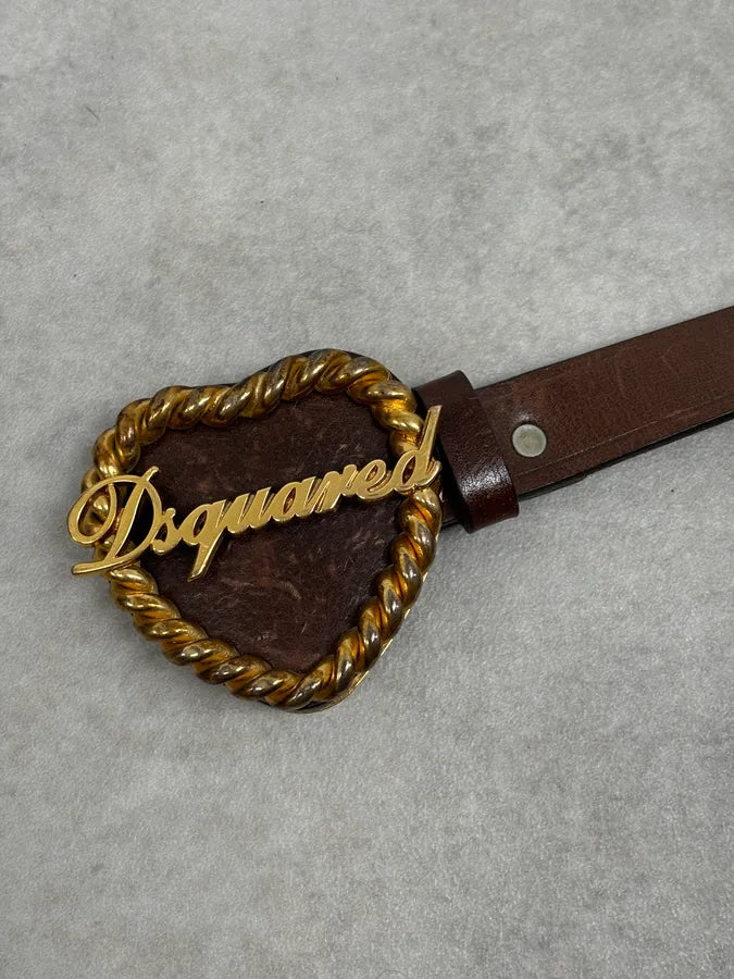 2000s Dsquared2 Gold Logo Heart Buckle Brown Leather Belt aFMAuTH 7