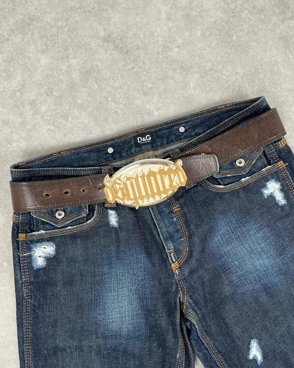 AW2005 Dsquared2 Brown Leather Belt Gold Skeleton Logo Adjustable fwpQmyZ 0