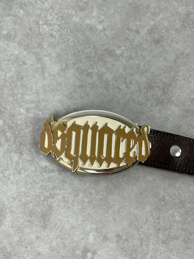 AW2005 Dsquared2 Brown Leather Belt Gold Skeleton Logo Adjustable fwpQmyZ 6