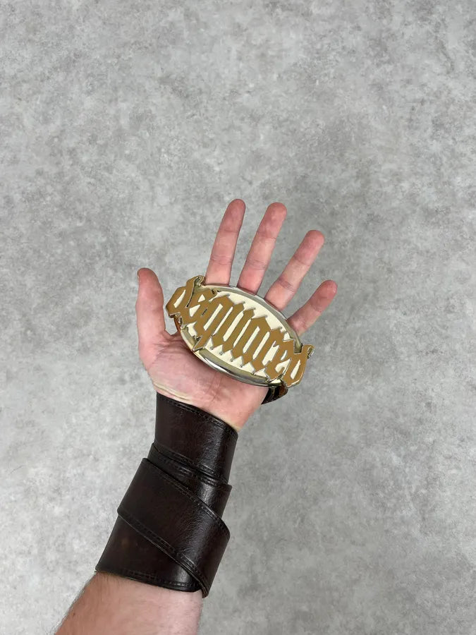 AW2005 Dsquared2 Brown Leather Belt Gold Skeleton Logo Adjustable fwpQmyZ 2