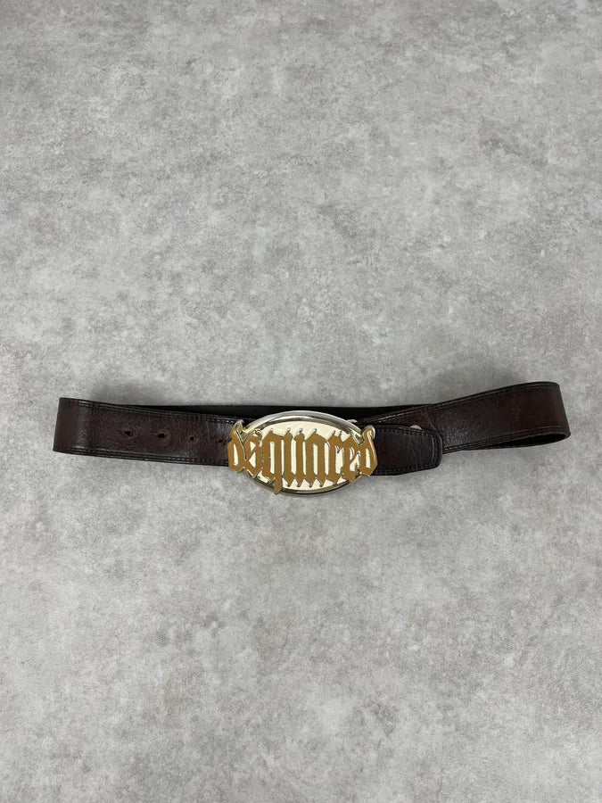 AW2005 Dsquared2 Brown Leather Belt Gold Skeleton Logo Adjustable fwpQmyZ 3