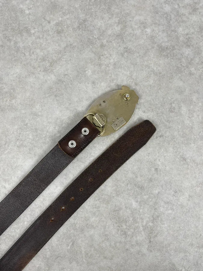 AW2005 Dsquared2 Brown Leather Belt Gold Skeleton Logo Adjustable fwpQmyZ 5