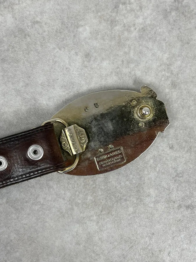 AW2005 Dsquared2 Brown Leather Belt Gold Skeleton Logo Adjustable fwpQmyZ 7