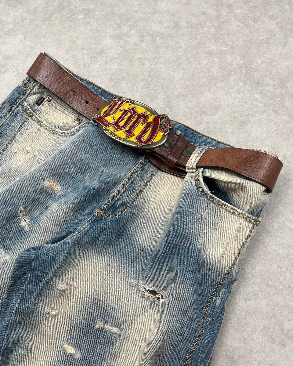Dsquared2 Brown Leather Lord Yellow Buckle Logo Belt WowitPF 0