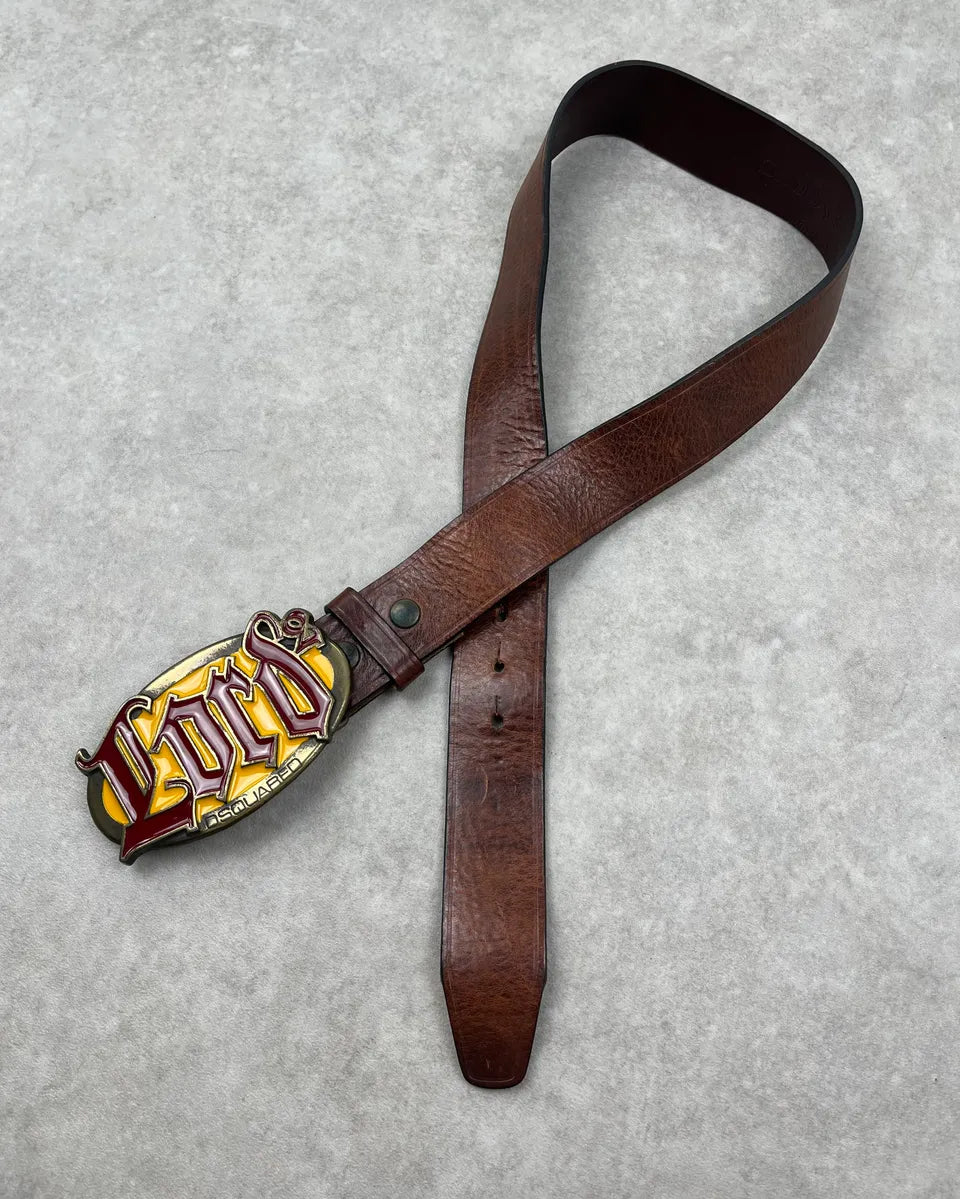 Dsquared2 Brown Leather Lord Yellow Buckle Logo Belt WowitPF 1