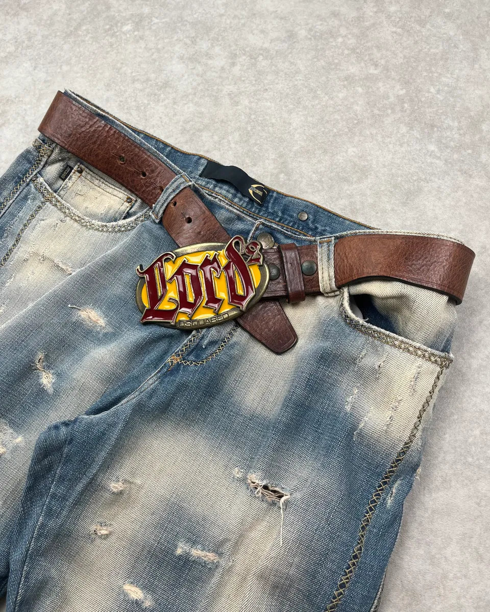 Dsquared2 Brown Leather Lord Yellow Buckle Logo Belt WowitPF 2