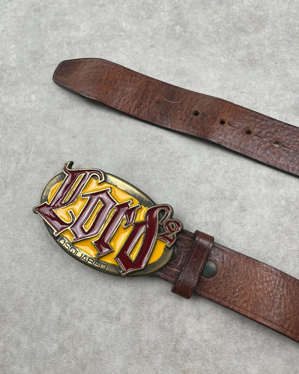 Dsquared2 Brown Leather Lord Yellow Buckle Logo Belt WowitPF 3